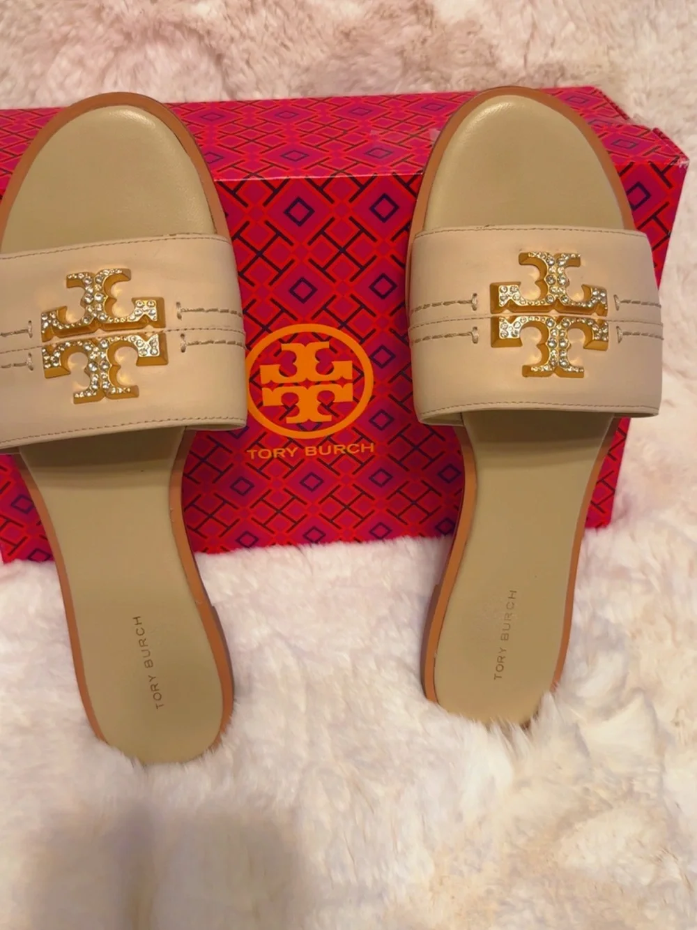 Tory Burch Nude/Beige Miller Crystal Logo Slide Sandals